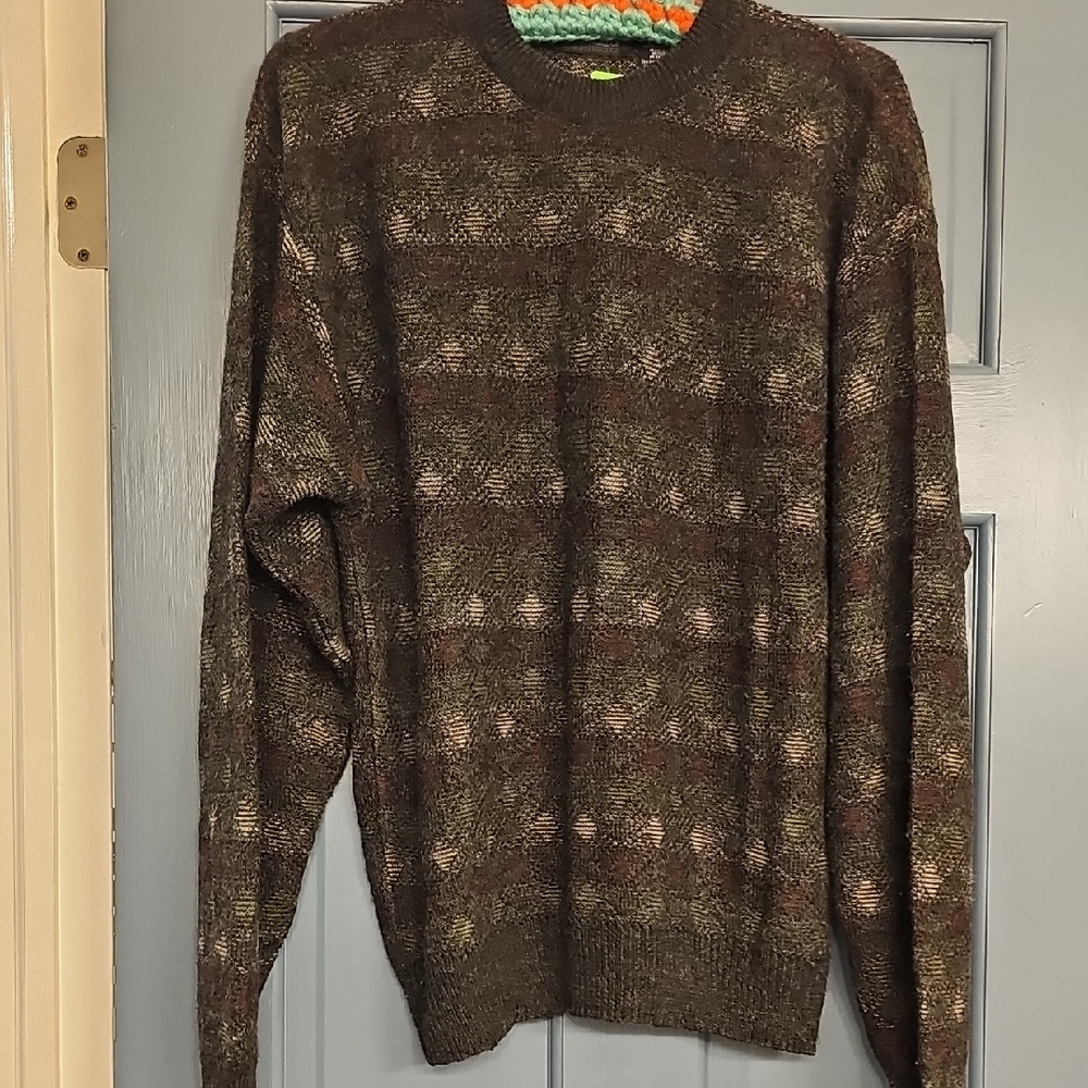 VINTAGE Knightsbridge Men's Crewneck Sweater Olive Brown Pattern Medium Retro